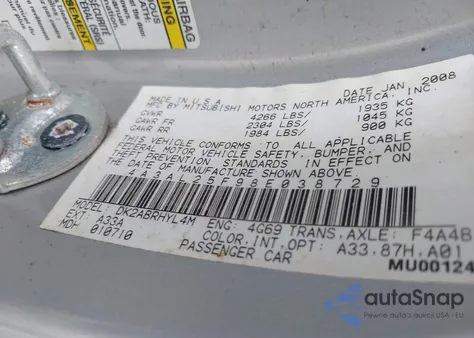 2008 Mitsubishi Eclipse Spyder Gs из США, поврежденный, VIN 4A3AL25F98E038729